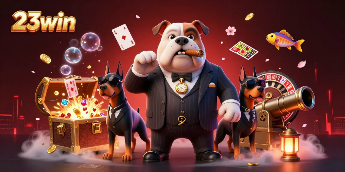 Experience thrilling action with 23win as the mafia boss and bodyguards embrace the fun of slot gaming.