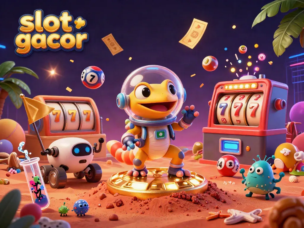 Engage with slot gacor potential as a Martian gecko discovers a golden casino among vibrant gaming elements.