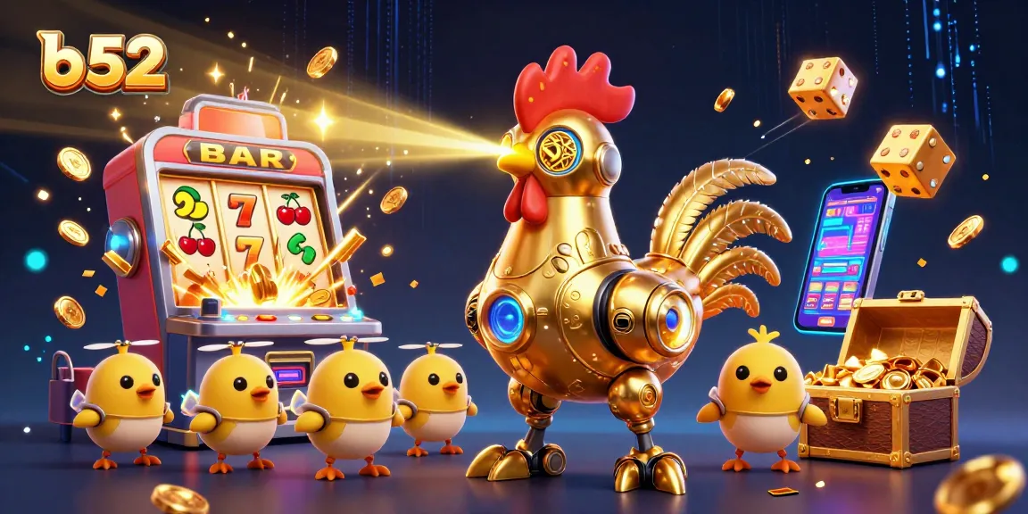Engage with b 52's vibrant casino scene featuring a golden rooster robot and jackpot elements.