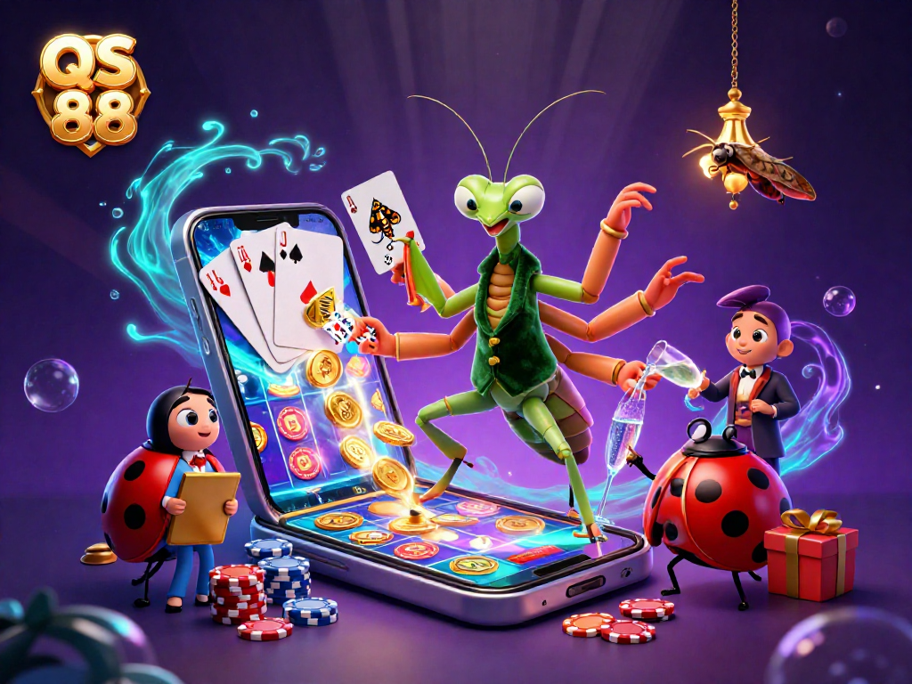 Experience the vibrant world of QS 88, where a giant mantis dealer orchestrates a thrilling casino scene.