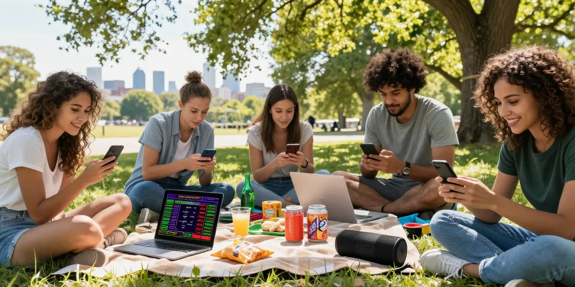 Freunde wetten auf Nicht-Gamstop-Casinos im Park, umgeben von Snacks und Digitalkommunikation.