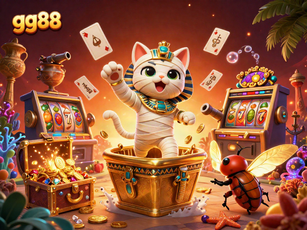 gg88 showcases a vibrant 3D casino scene with an Egyptian mummy cat and dynamic game elements.