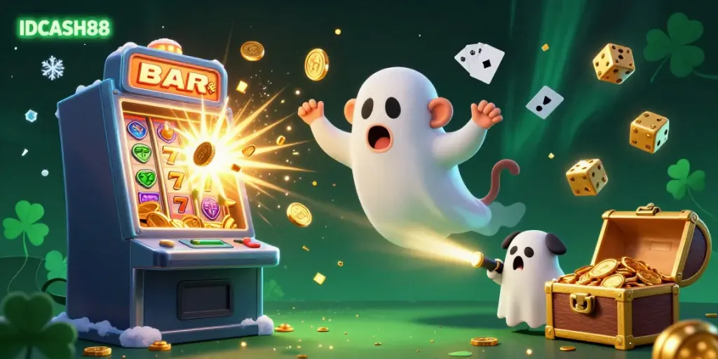 Experience thrilling gameplay with IDCASH88 in a vibrant 3D casino scene featuring a playful monkey and a ghost-hunter puppy.