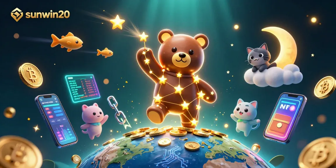 Win big with sunwin20 in this colorful 3D illustration featuring vibrant casino elements and joyful characters.