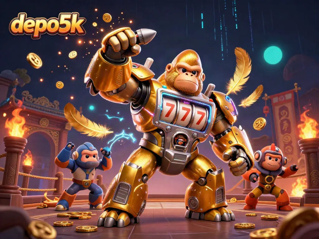Experience thrilling action with the depo5k golden gorilla mech amidst spinning slot reels and coins.