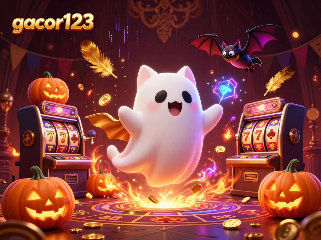 Engage with gacor123 as a ghost cat and bat explore a haunted casino filled with slot machines and glowing jack-o-lanterns.