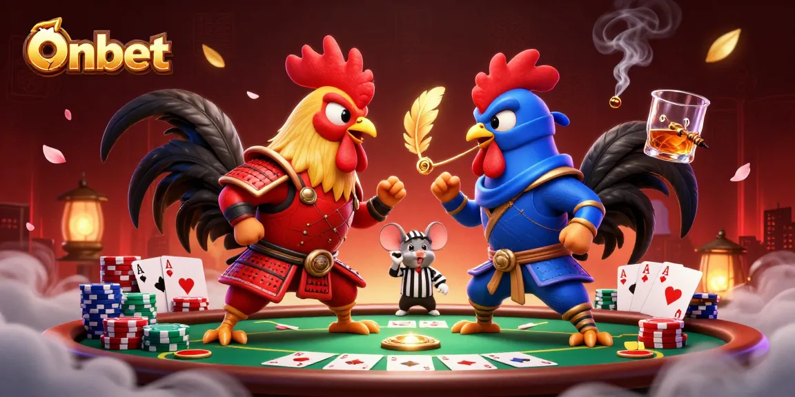 Experience the excitement of Onbet with dynamic roosters in an intense poker battle.