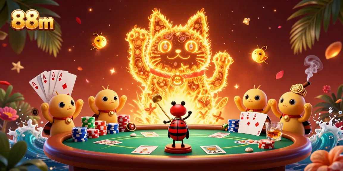 Experience thrilling gaming with 88m at a vibrant casino scene where a lucky cat and fireflies play
