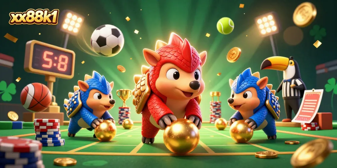 xx88k1 showcases a thrilling casino scene with colorful pangolins bowling through poker chips, capturing the excitement of gambling.