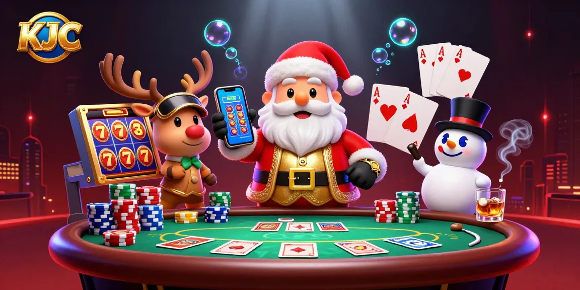 Experience the thrill of KJC casino gameplay with Santa, a reindeer dealer, and a poker chip snowman.