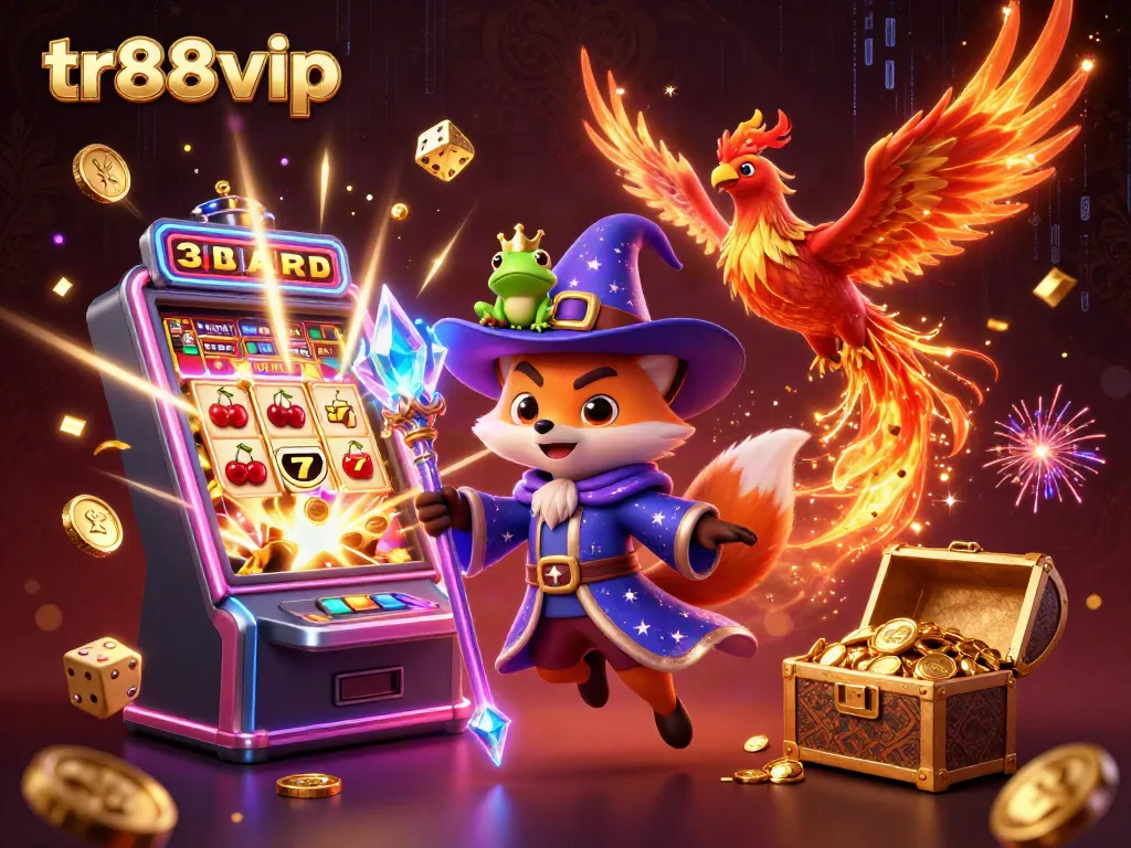 Experience big wins at tr88vip casino with vibrant slot machines, golden coins, and a magical wizard scene.