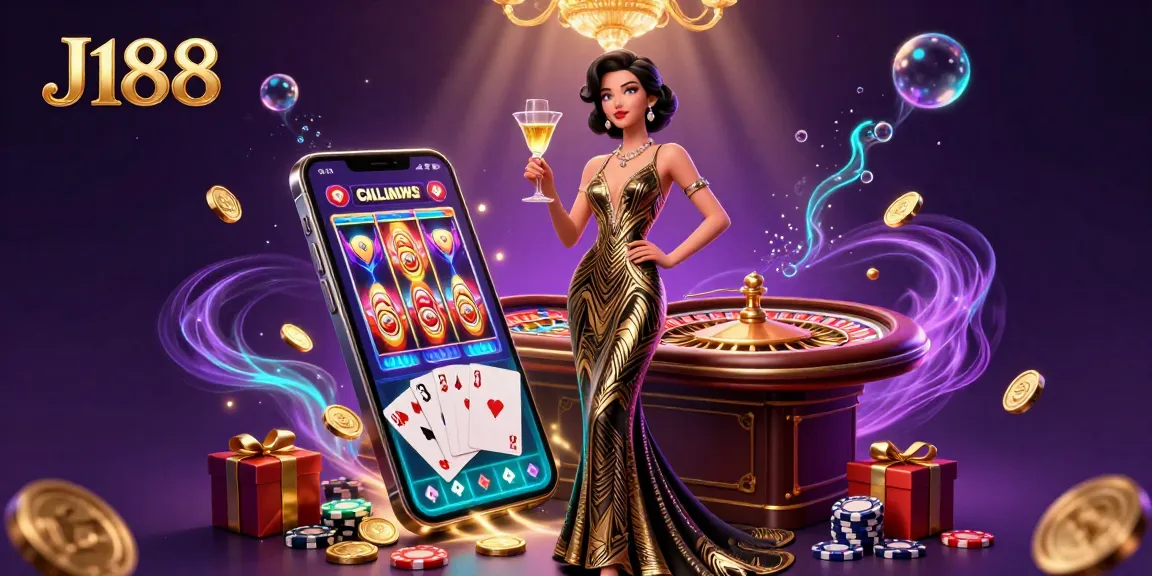 Experience thrilling gaming action at J188 with dynamic visuals of luxury casino settings and slot games.