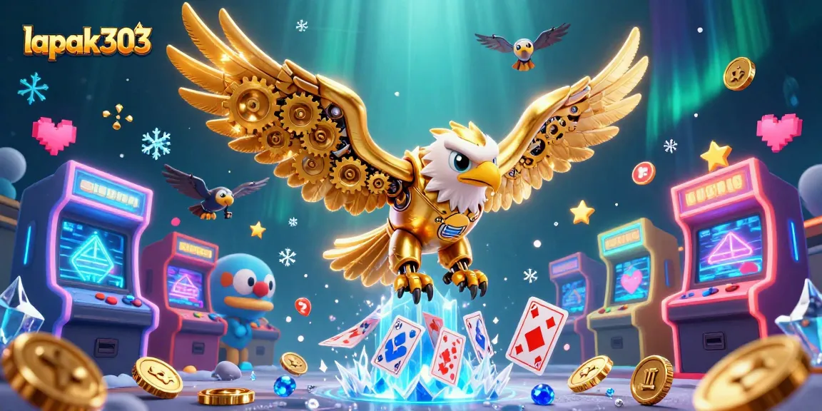 Experience thrilling wins at lapak303 with a cybernetic eagle amidst vibrant gambling animations.