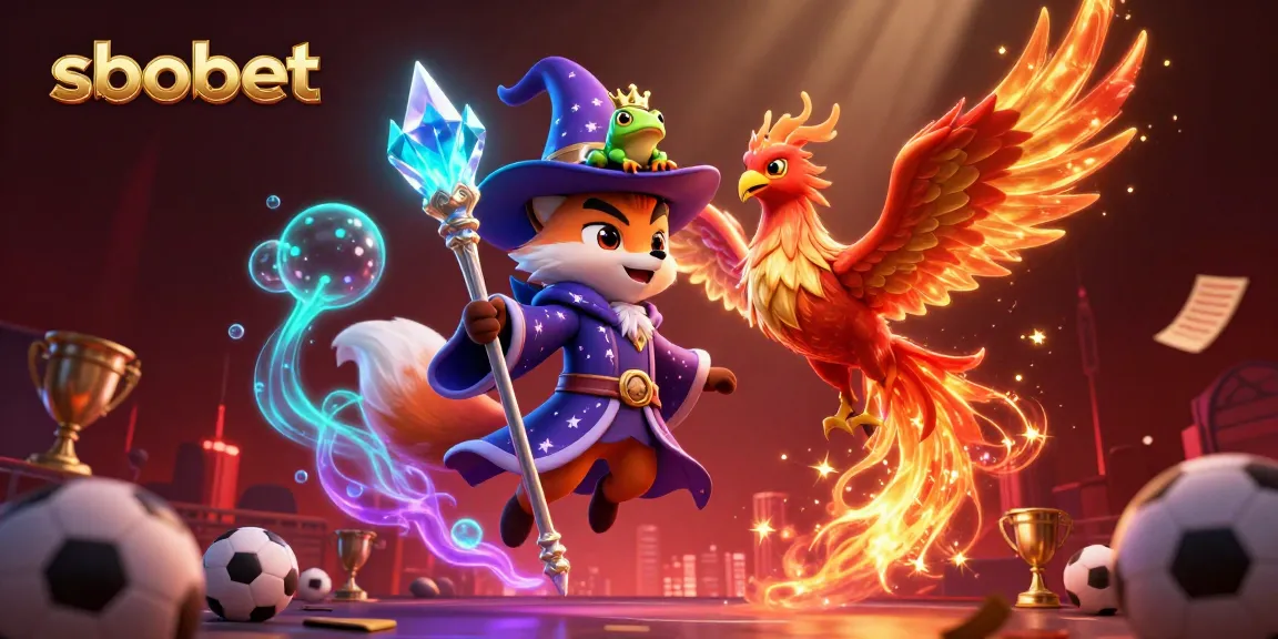 SBOBET sports betting wizard fox conjuring excitement among players at a vibrant casino scene.