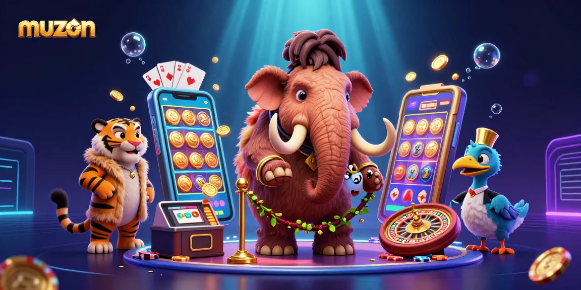 Muzon menampilkan bouncer mamut berbulu 3D dan tamu VIP di kasino yang meriah.