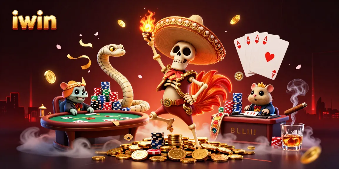 iwin showcases a vibrant victory dance scene with a skeleton mariachi and vibrant gambling elements.