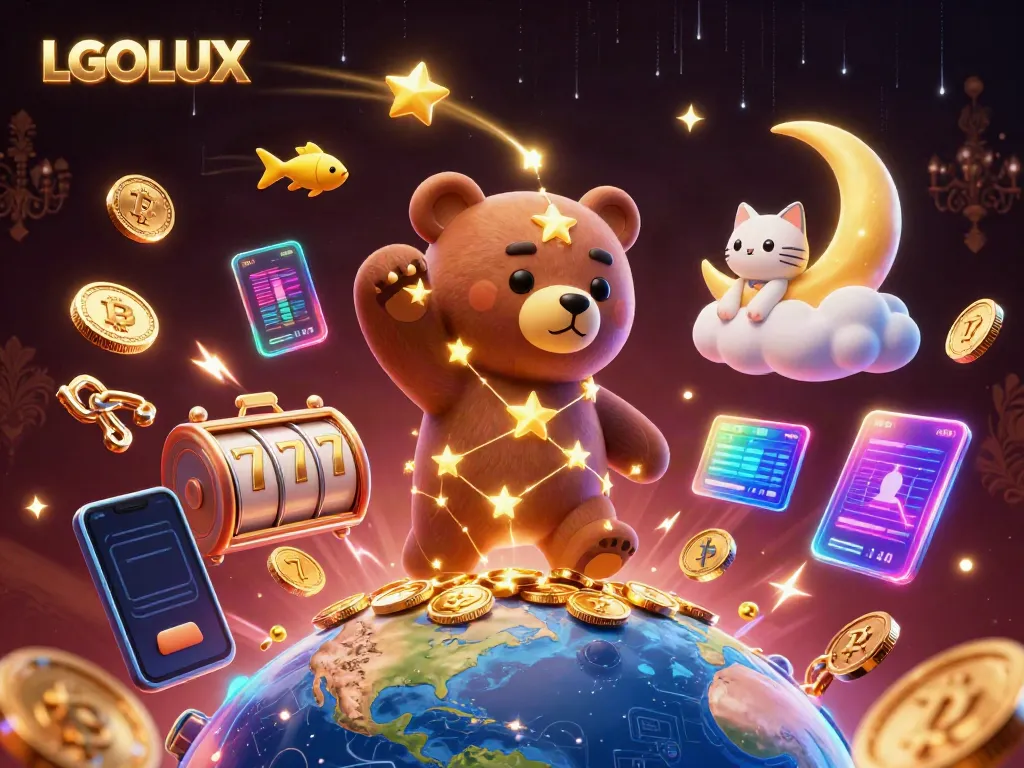 Experience the vibrant world of LGOLUX casino with a cartoon bear scooping coins amidst slot elements and crypto coins.