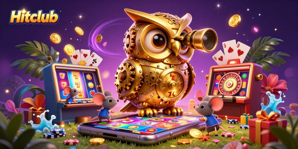 Engage with Hitclub's vibrant casino world featuring a golden owl and animated casino elements.
