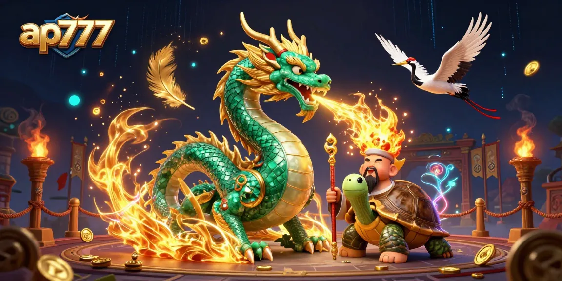 Experience the thrill of gaming on ap777 with a dragon, turtle sage, and lucky cranes igniting excitement.