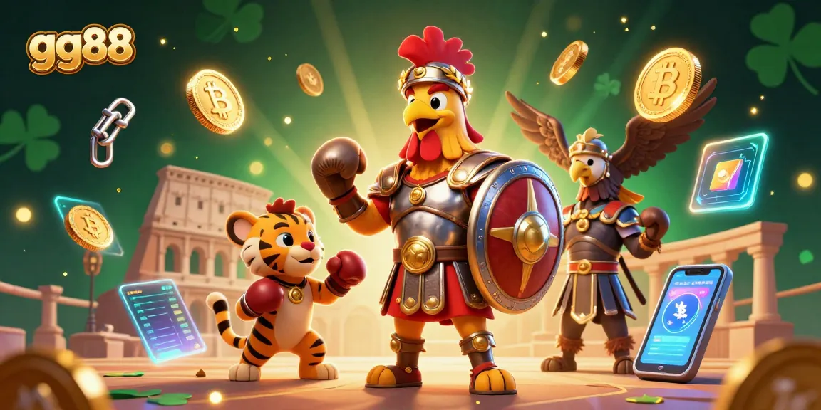 Engage with the thrilling world of gg88, featuring a gladiator rooster amidst vibrant casino elements.