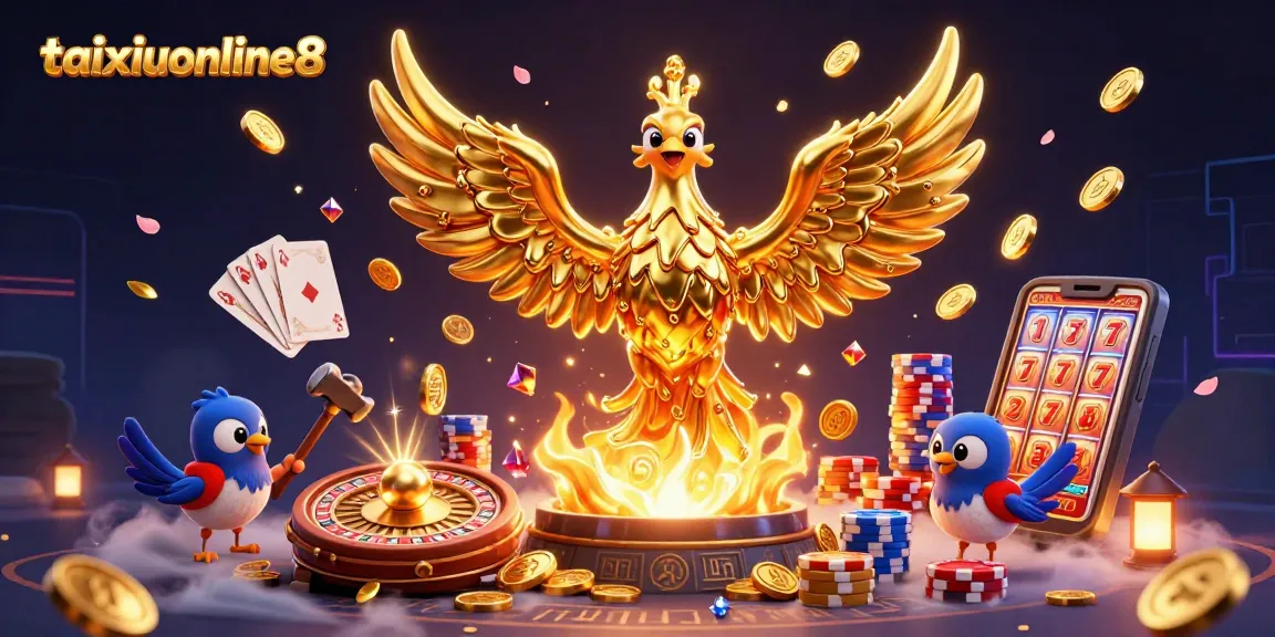 Win big with taixiuonline8 as the golden phoenix releases coins in this vibrant casino scene.