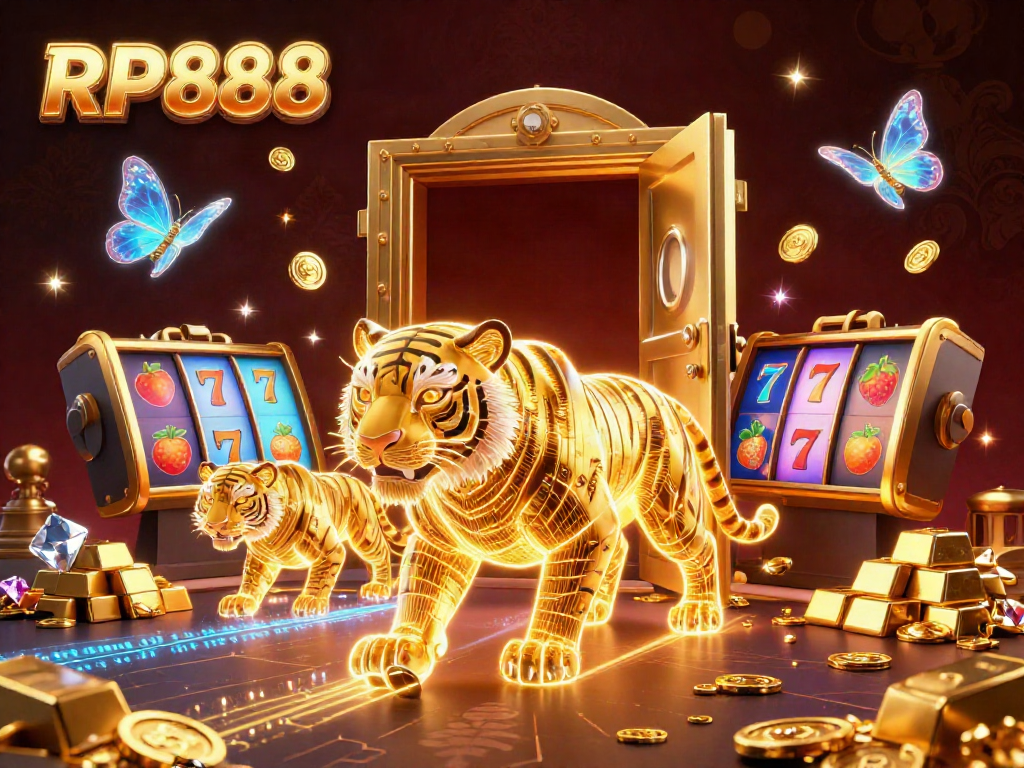 Experience the exhilarating world of RP888 with vibrant slots and a golden tiger in a digital casino.