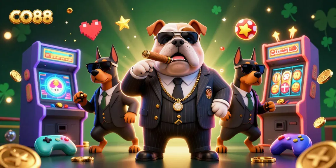 Experience the excitement of CO88 with a dynamic casino scene featuring a cartoon bulldog mafia boss and game elements.