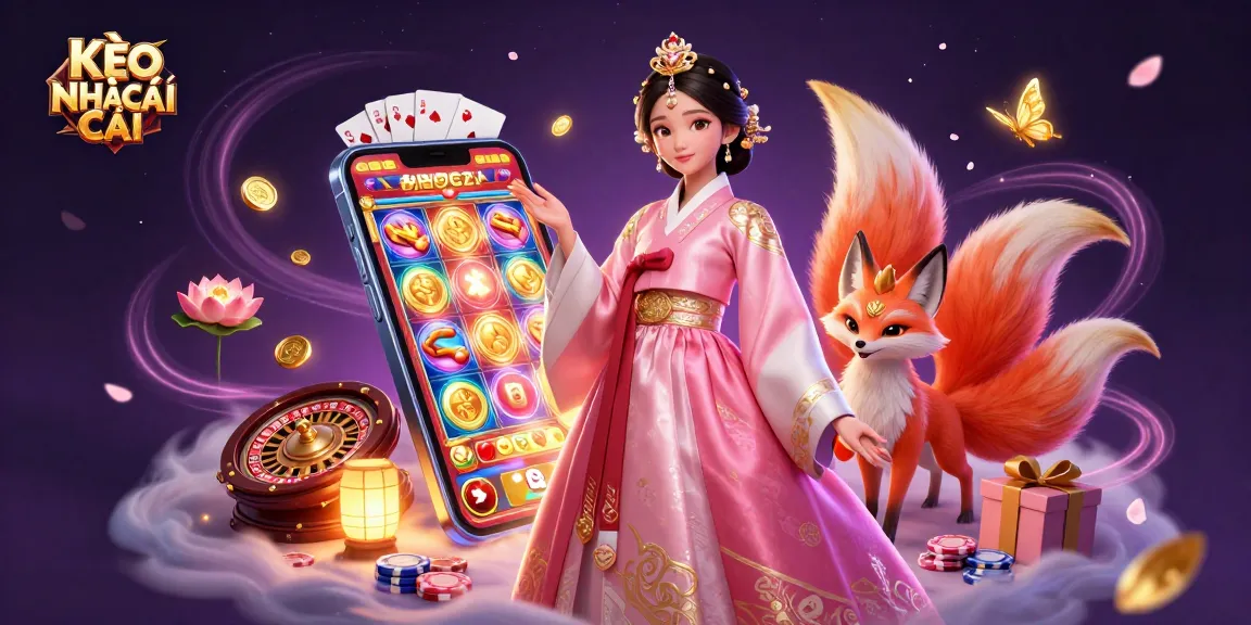 Engage in KÈO NHÀ CÁI with dynamic 3D illustration showcasing vibrant casino elements and a graceful Asian woman.