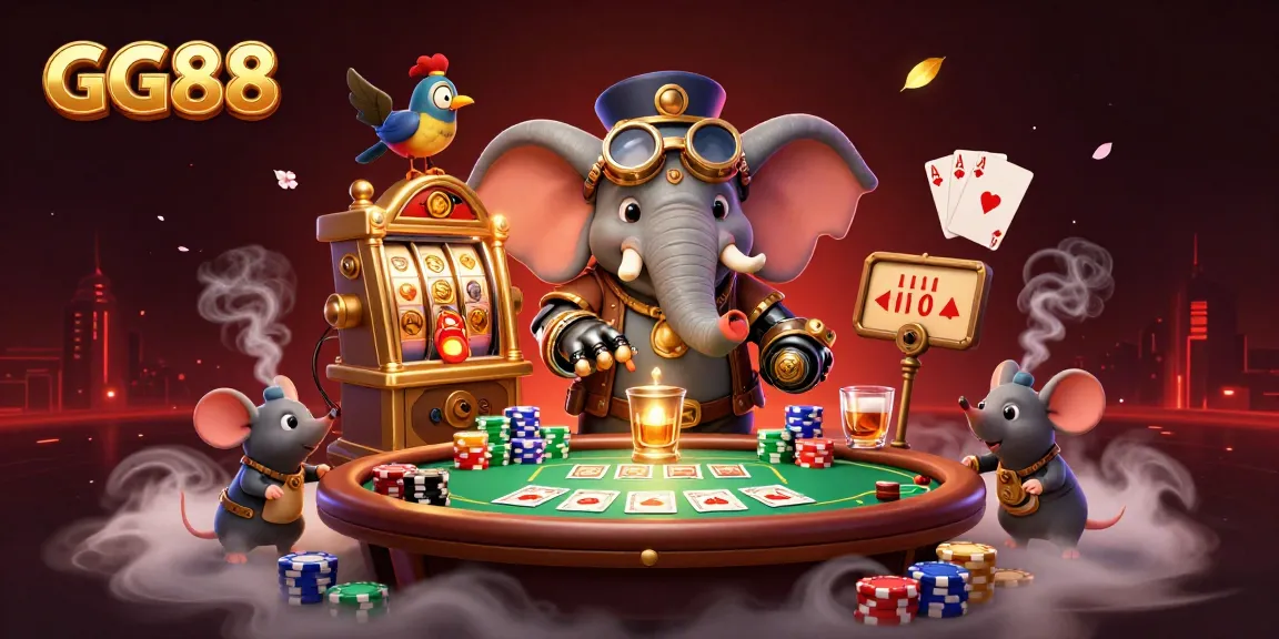 Spin the reels at GG88 with a steampunk elephant engineer and lively gaming elements around!