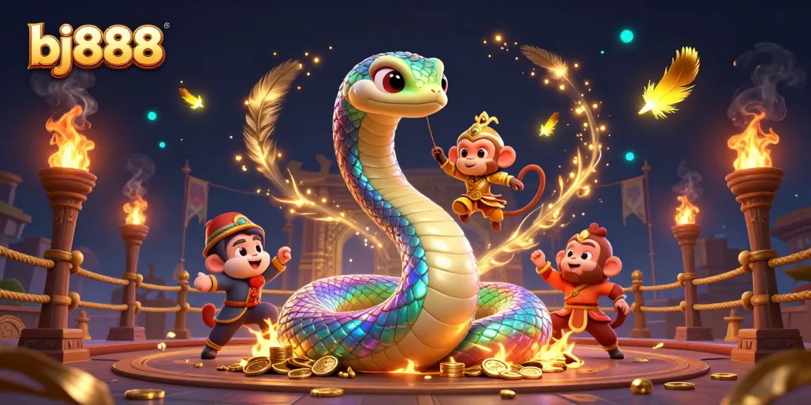 Engage with the vibrant world of bj888, showcasing a colorful rainbow serpent and monkey king in a magical gambling scene.