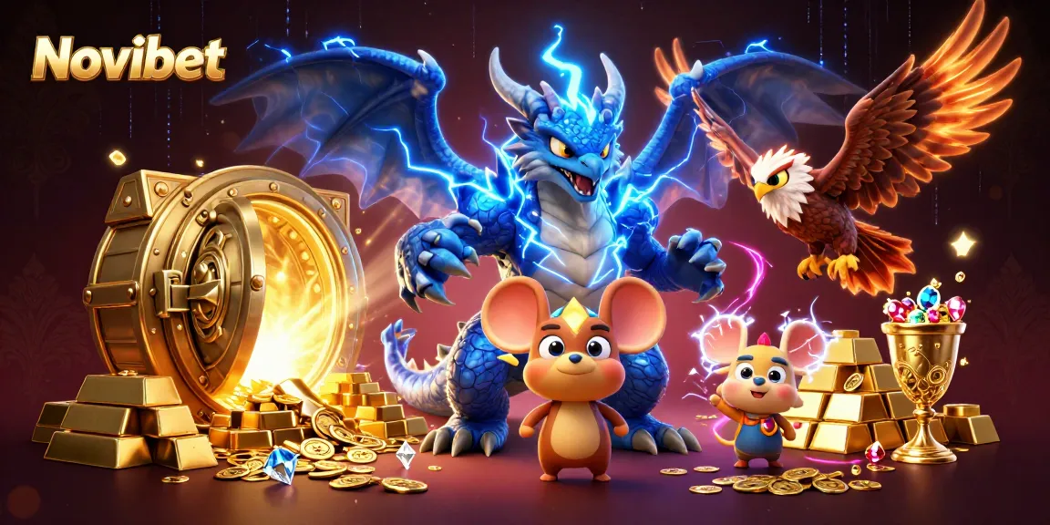 Experience thrilling gaming at Novibet with dynamic characters amid sparkling treasure.