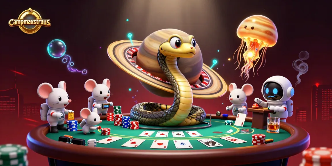 Campmaxstraus menampilkan slot online seru dengan simbol keberuntungan dan taruhan di angkasa.