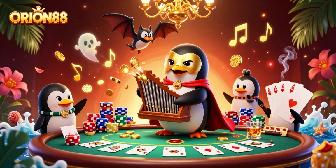 Experience winning moments at ORION88 with a lively 3D cartoon casino scene featuring a penguin organist.