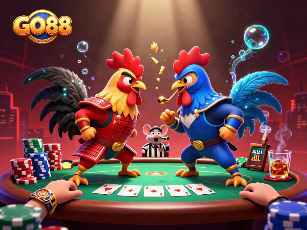 Engage in fierce gameplay with GO88 as cartoon roosters clash in an electrifying casino scene.