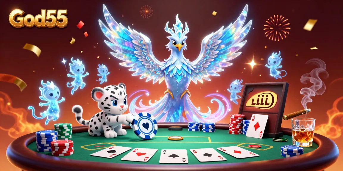 Experience the thrill of God55 with vibrant characters at a poker table amidst sparkling casino elements.