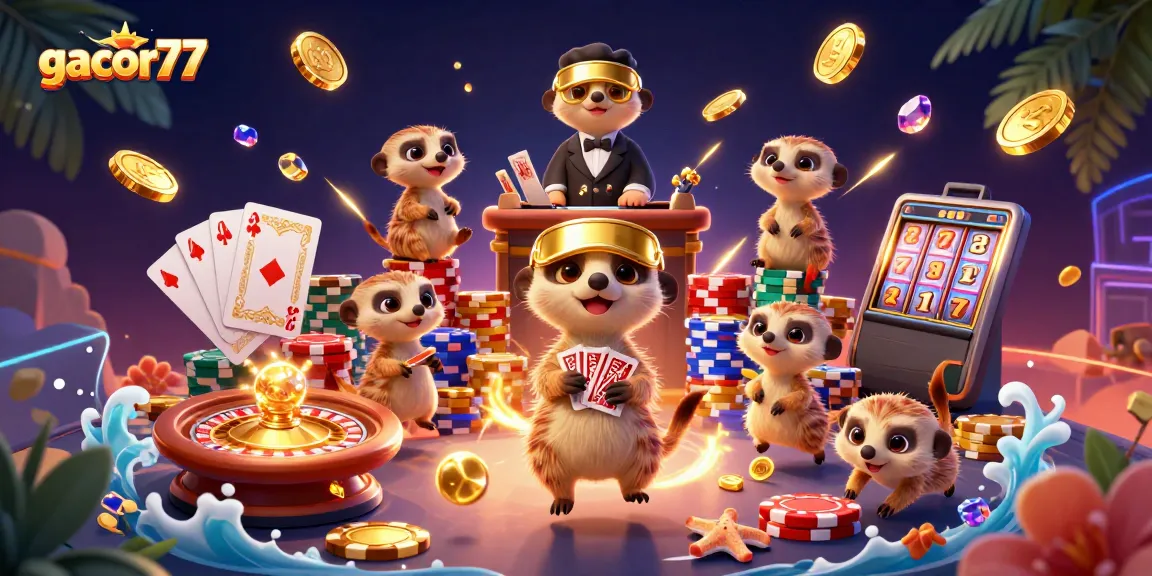 Permainan seru gacor77 dengan koloni meerkat menjalankan kasino yang mewah di tengah hujan koin emas.