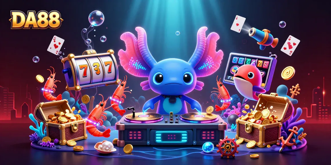DA88 reveals excitement with a vibrant illustration of a neon axolotl DJ mixing gameplay amid treasures.