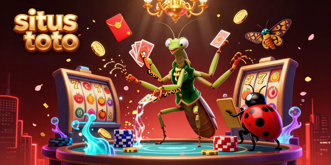 Engage in exciting games at situs toto with a lively casino scene featuring a giant mantis and a ladybug pit boss.