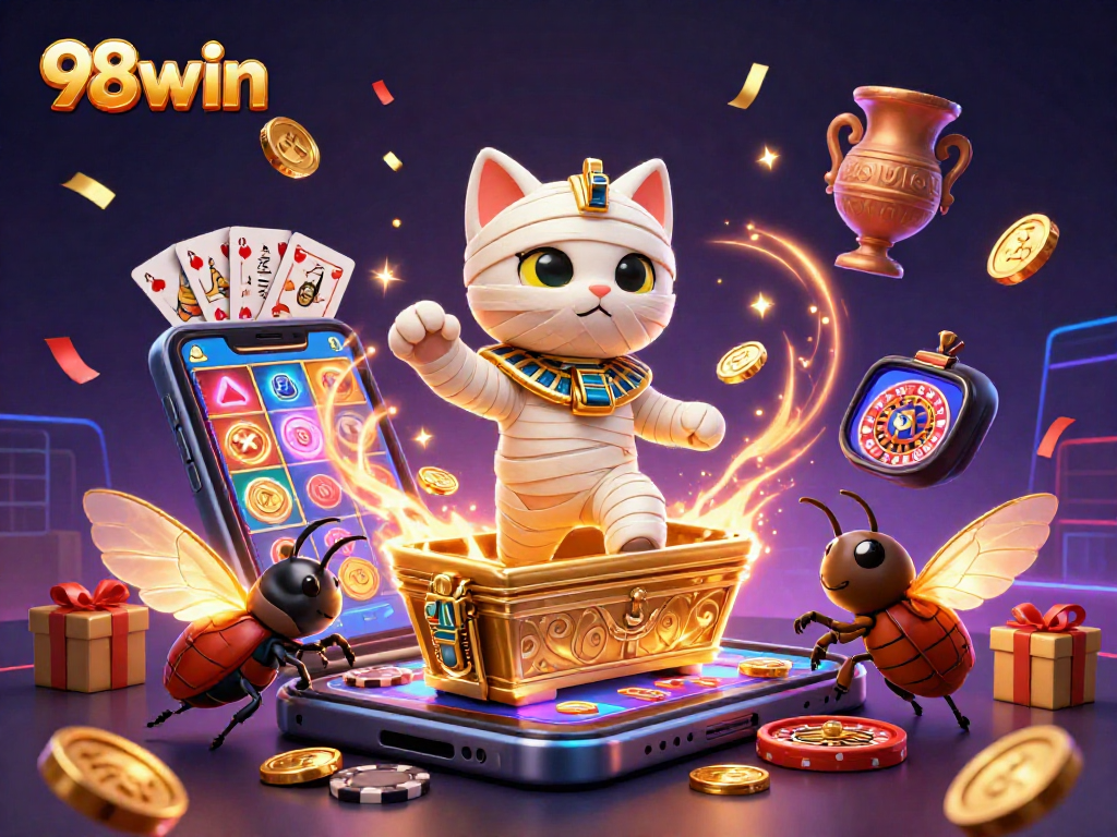 Engage in exciting gameplay with 98win’s vibrant casino atmosphere filled with slots, gold, and action.