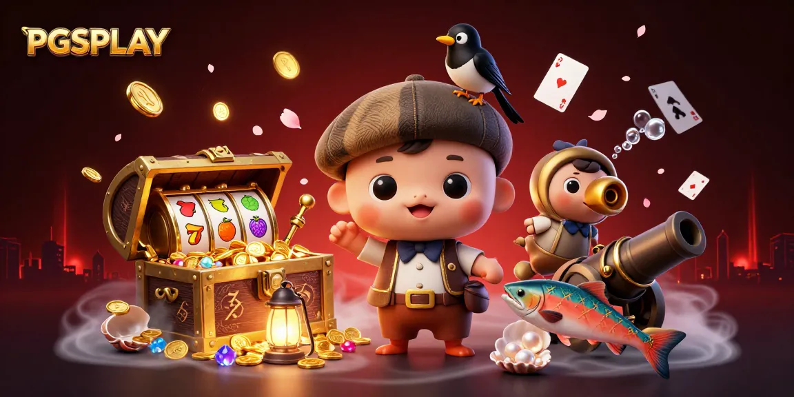 Experience winning thrills at PGSPLAY with vibrant slots, lucky symbols, and treasure in a playful scene.