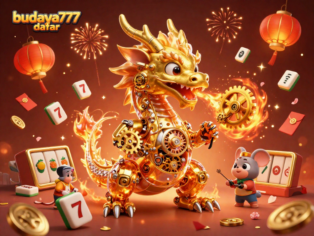 Permainan slot di budaya777 daftar dengan naga emas dan simbol keberuntungan berkilau.
