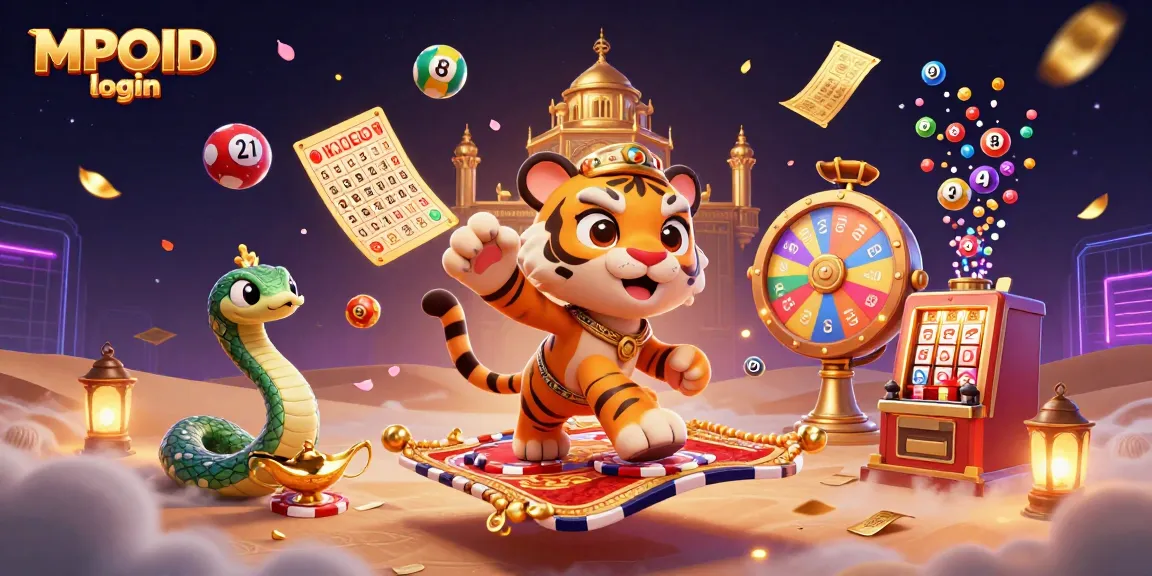 MPOID login to an exciting online gaming experience with a vibrant animated illustration of a sultan and dynamic gambling elements.