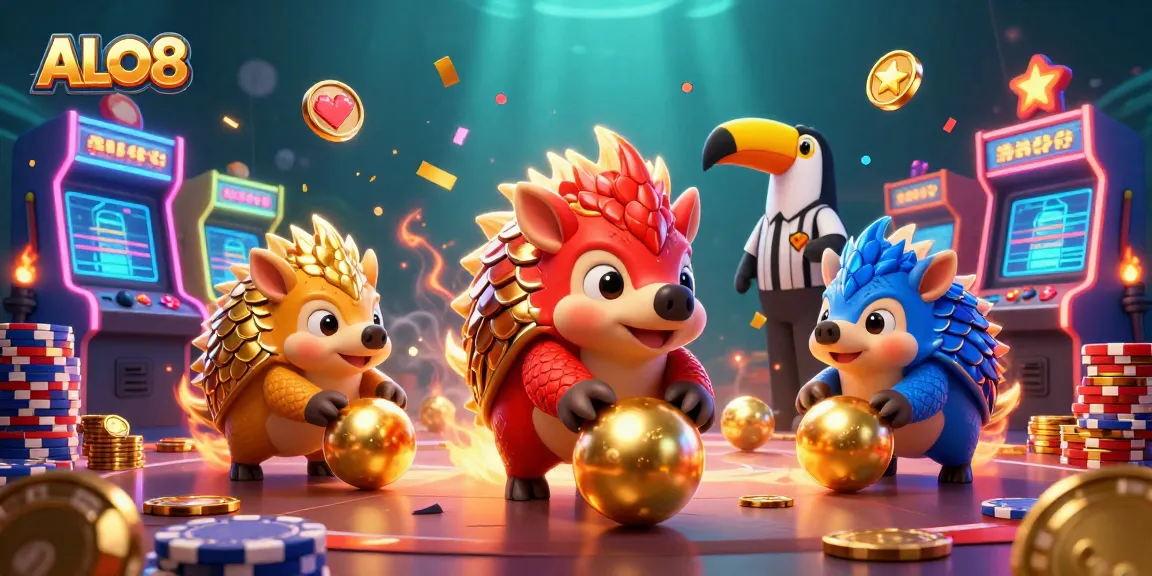 Bowling pangolins compete in ALO8, surrounded by colorful casino elements and glowing arcade games.