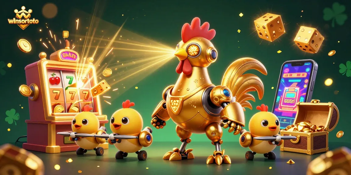 Engage with the spectacular winsortoto casino scene featuring a golden robot and baby chick drones amidst thrilling jackpot excitement.