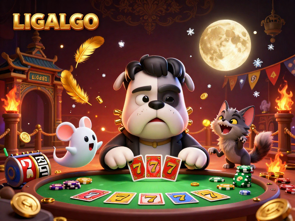 LIGALGO showcases a lively casino scene with a cartoon bulldog and werewolf kitten engaging in dynamic card play.