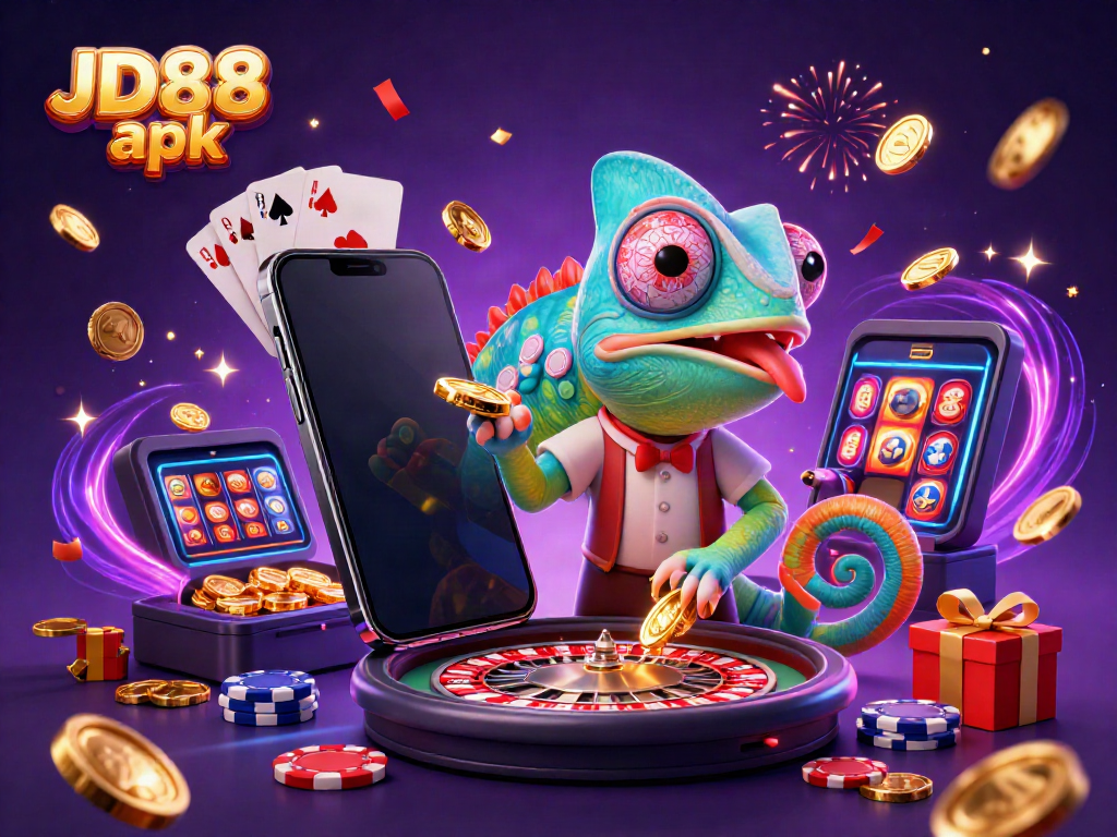 Experience exhilarating gaming with JD88 apk as vibrant coins fly from a mobile slot game illustration.
