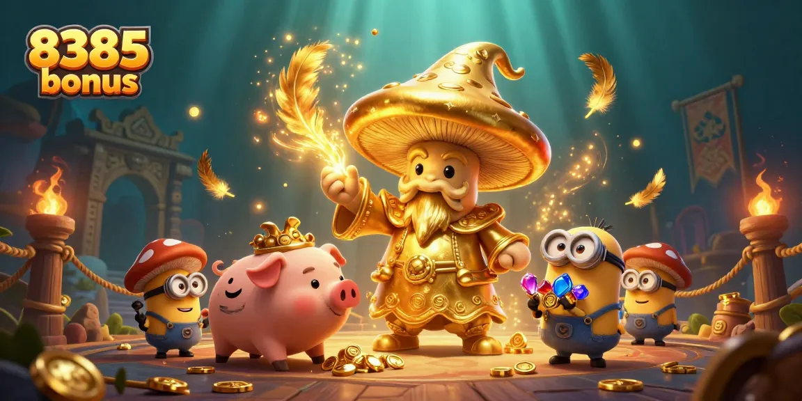 Explore o bônus do 8385 com uma ilustração vibrante cheia de personagens de cassino místicos e moedas douradas.