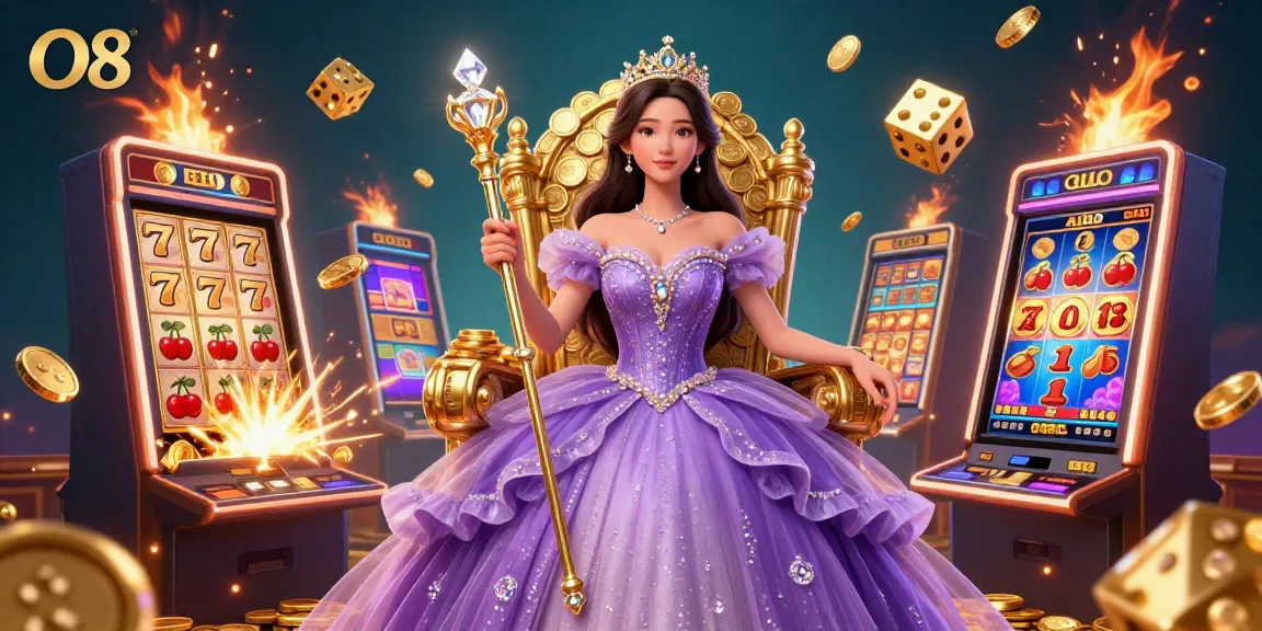 Experience thrilling casino wins at O8 with a majestic scene showcasing vibrant games and a regal princess.