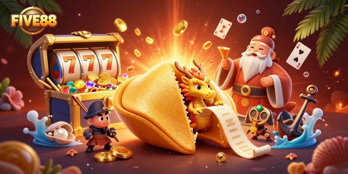 Experience the thrill of FIVE88 with vibrant slot reels and fortune-themed characters in a dazzling 3D scene.