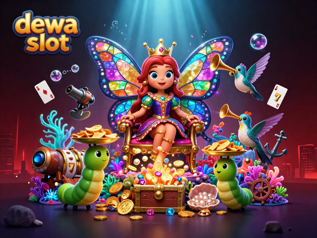 Dive into dewa slot magic with a butterfly queen, treasure, and glowing elements in a vibrant casino scene.